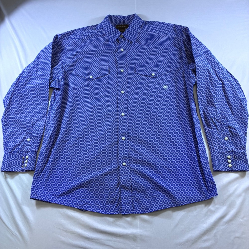 Ariat Mens XL Blue Geometric Western Snap Long Sleeve Button Down Shirt